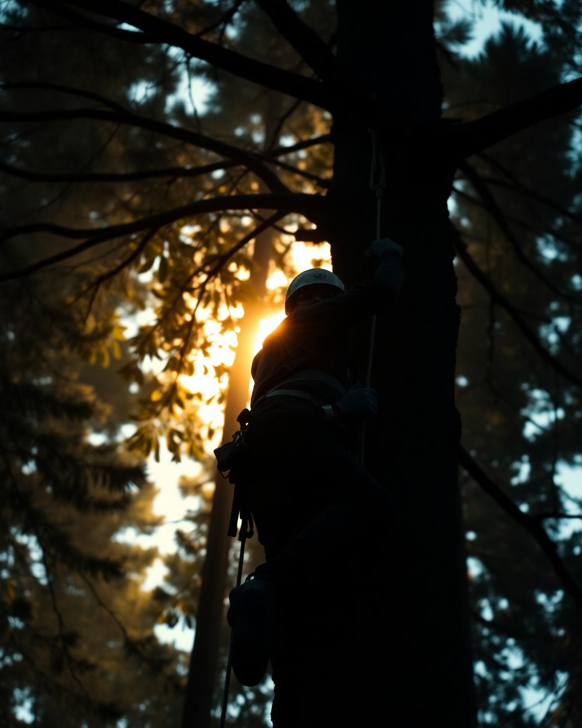 Professional arborist climbing a tall tree with safety gear at golden hour
